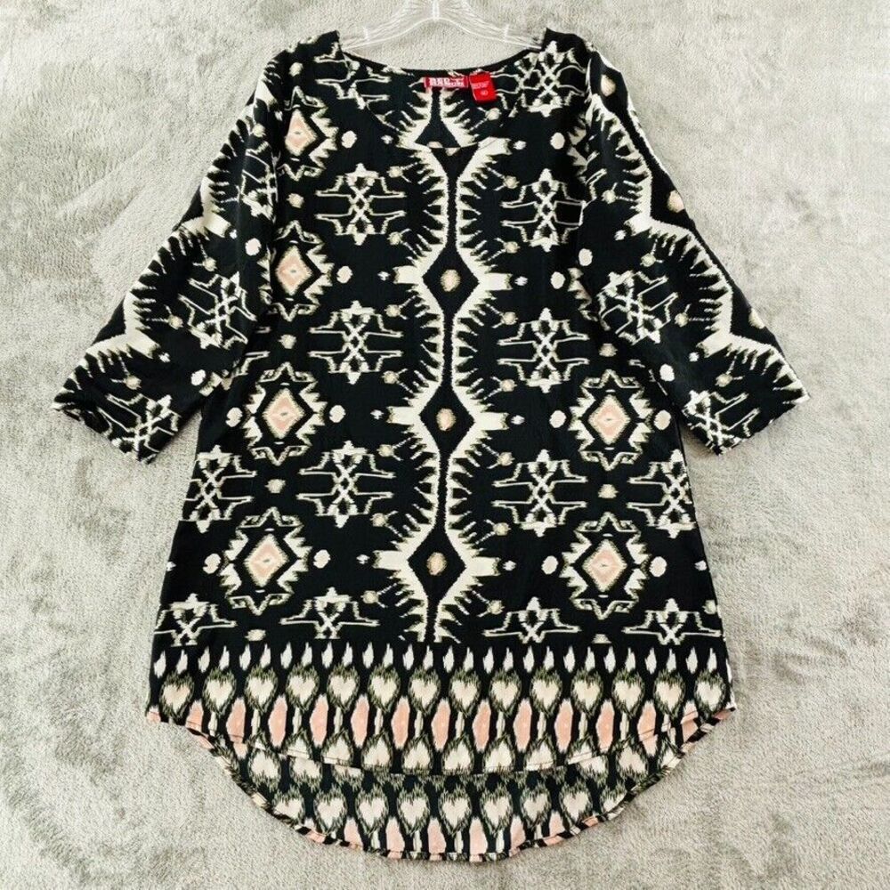 Red Ranch Tunic Dress Womens M Black Rayon Southwest Aztec Pullover Hi-Low Hem‎